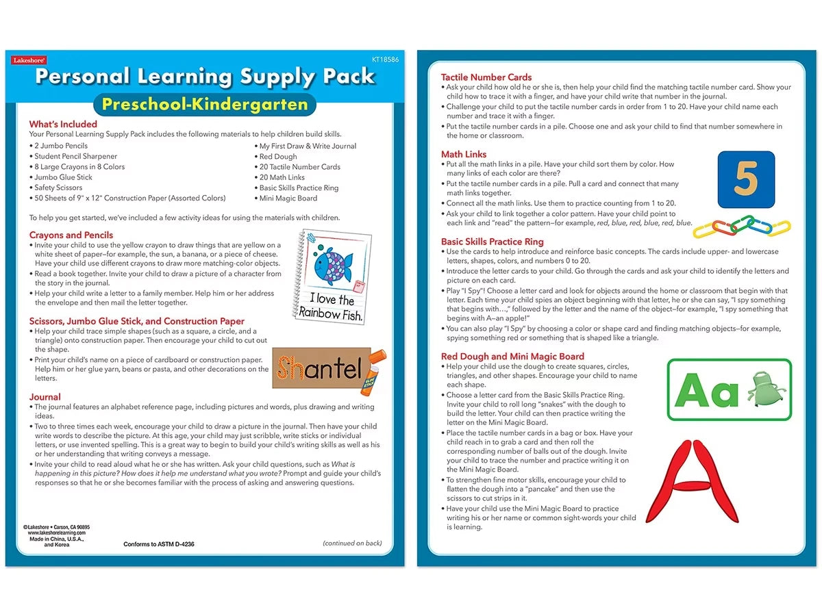 Personal Learning Supply Pack – Preschool-Kindergarten - US 1512